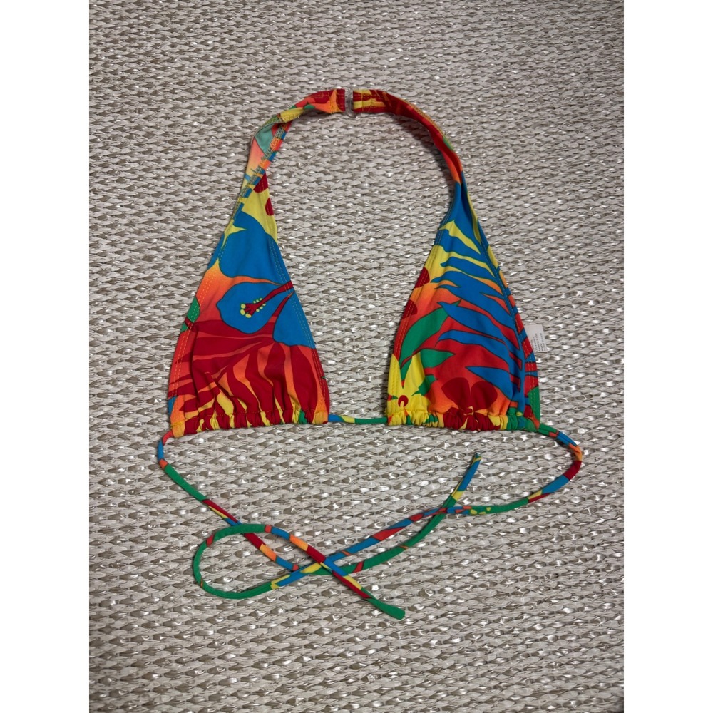 Vintage Tropical Floral Triangle Bikini Top Y2K Halter Swim Large L